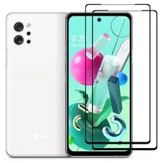 LG Q92 5G smartphone with two black edge tempered glass screen protectors
