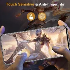 A pair of hands holding a smartphone displaying a character from a game, with Touch Sensitive & Anti-fingerprints text and icons