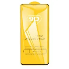 A clear 9D glass shield screen protector with Edge to Edge 9H Glass Shield text on a yellow background