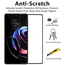 Scratch-resistant screen protector with 9H hardness, showing protection against keys and a knife