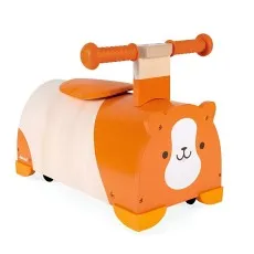Wooden guinea pig ride-on toy with orange and cream panels.