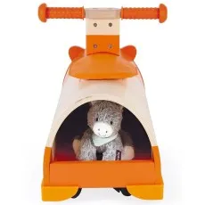 A children's wooden ride-on toy with a plush donkey toy sitting in the storage compartment.