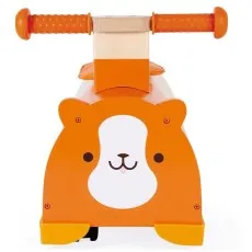 A cute and durable orange and off-white wooden guinea pig scooter