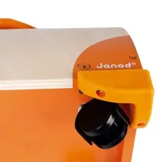 Close-up shot of the durable wooden wheel and body of the Janod ride-on toy