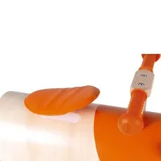 Close-up shot showing the orange padded seat and handlebar of the wooden guinea pig ride-on toy.