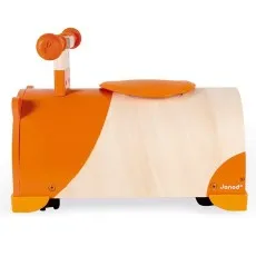 Front view of a Janod wooden ride-on toy for toddlers