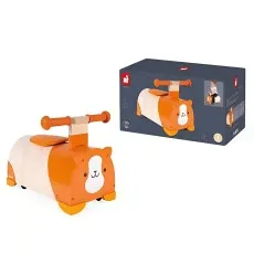 Wooden ride-on toy shaped like a guinea pig, shown next to its packaging box.