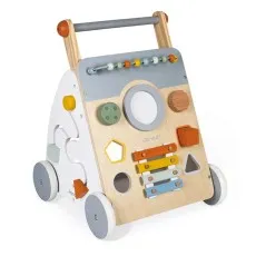 A product photo showcasing the walker's full range of activities and its natural wood and white design