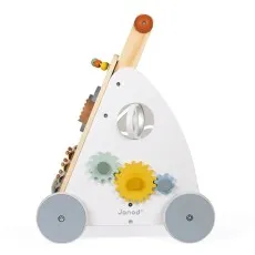 A side shot of the wooden push walker, showcasing its gears and engaging design for fine motor skills.