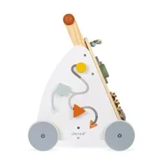 A side shot of the wooden push walker, showcasing its wheels and minimalist design.