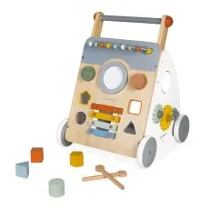 The Janod wooden baby walker with all accessories, including wooden blocks and xylophone mallets.