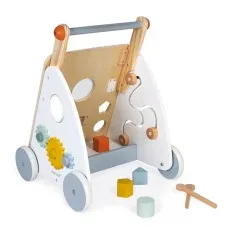 The wooden push walker shown at an angle, highlighting all of its educational and interactive features in one image.