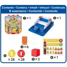 A product photo of all the pieces included in the Super Mario Lucky Coin Game set, with a label for each component.