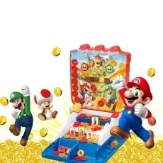 A promotional shot of the Mario coin pusher toy, showing the game and its characters in a fun, exciting pose.