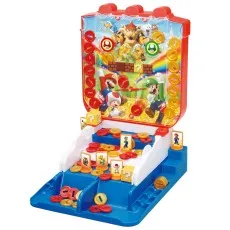 The fully assembled Super Mario Lucky Coin Game toy, showing the blue and red base with the character background