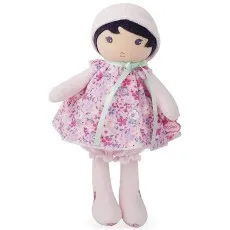 A soft doll with a pink and purple floral dress and a matching bonnet, from the brand Kaloo.