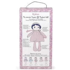 The back of the Kaloo My first Doll box, showing product details in multiple languages and illustrations of other dolls in the collection