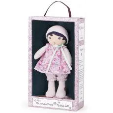 The Kaloo soft doll displayed inside its floral-patterned product box with a transparent window