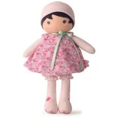 A soft doll with a pink and purple floral dress and a matching bonnet, from the brand Kaloo. XL Size