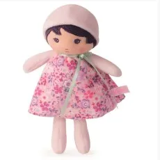 A soft doll with a pink and purple floral dress and a matching bonnet, from the brand Kaloo. in small.