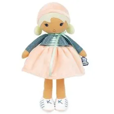 A plush Kaloo doll with blonde pigtails, a blue jacket, a light pink skirt, and striped shoes.