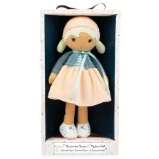 The Kaloo plush doll with blonde pigtails in its decorative pink and white floral box.