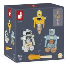 Janod DIY Robots wooden toy set box showing three colourful assembled robots (yellow, white, blue) and a wooden screwdriver.