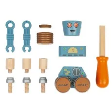A flat lay of the unassembled wooden and metal-look pieces of the Janod robot toy, including heads, arms, bolts, pegs, and a set of wheels.