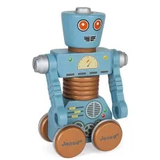 A front view of the finished blue wooden Janod robot, highlighting its cheerful face and detailed chest.