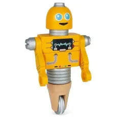 A front view of the finished yellow wooden Janod robot with blue eyes and pincer-like arms