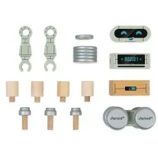 The individual components of the Janod DIY Robots toy set are neatly arranged on a white background, ready to be put together.