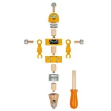 The individual components of the yellow robot from the Janod toy set are laid out on a white background.