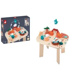 A product photo of the Janod activity table, with its box on the left and the assembled toy on the right.