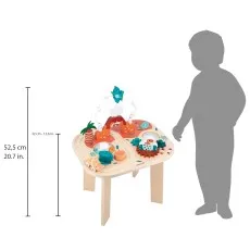 The Janod activity table with its labeled dimensions, which are 52.5 cm (20.7 in) in total height and 32 cm (12.6 in) to the tabletop.