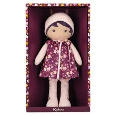 A purple-dressed Kaloo doll with a floral pattern and a light pink hat, packaged in a matching box