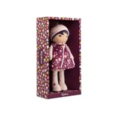 A standing Kaloo doll with a purple floral dress and a pink hat, in a matching floral box on a white background