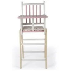 A front view of a Janod wooden doll high chair, with a pink tray, a striped backrest, and a white and wood frame.