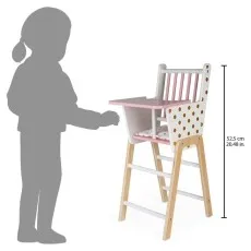 A Janod doll high chair next to the silhouette of a child, showing its height of 52.5 cm.