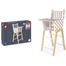 A stylish Janod toy high chair for dolls, featuring a natural wood frame, a pink seat cushion, and a playful gold polka dot pattern.