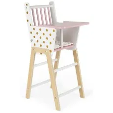 A wooden toy high chair for dolls, with a natural wood frame, a pink tray, and a white and gold polka dot pattern.
