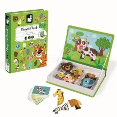 The packaging for the Janod Magnéti'book is shown next to the toy opened, revealing the magnetic animal puzzle pieces.