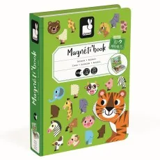 A product photo of the Janod Magnéti'book toy's front cover. The cover shows various animal parts and lists the age range of 3-8 years