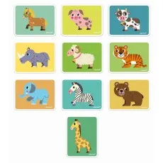 A view of the animal design cards from the Janod Magnéti'book toy, featuring illustrations of a horse, a pig, a cow, and other animals.