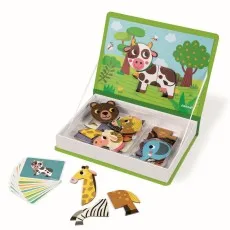 Wooden farm animal puzzle box with cards and loose pieces, promoting early learning.