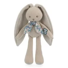 Kaloo's soft, cuddly beige plush rabbit with a pattern scarf and long knitted ears.