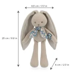 Kaloo's plush rabbit with a floral scarf, shown with dimensions of 25cm by 8.5cm.