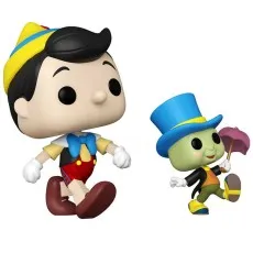 A pair of Funko Pop! figures of Pinocchio and Jiminy Cricket.