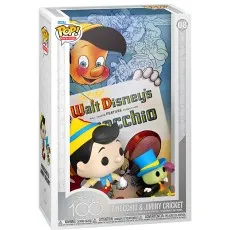 A Funko Pop! vinyl figure of Pinocchio and Jiminy Cricket in a box with a movie poster background.