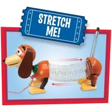 An illustration of the classic Slinky Dog pull toy extending with a text banner saying Stretch Me!