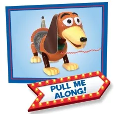 Slinky Dog toy in a blue border with a flashing sign that says Pull Me Along